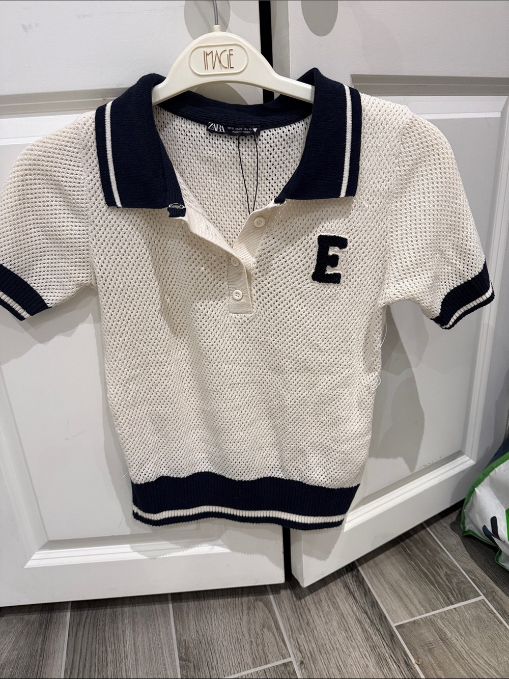 Zara Cream Polo Knit Top with Navy Trim